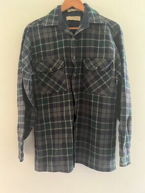Vintage Claybrooke Button Down Flannel Jacket Shirt Green Blue Plaid Medium